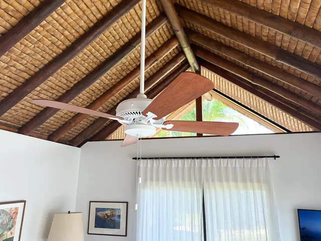 New ceiling fan installed on a bamboo ceiling in a Bali villa